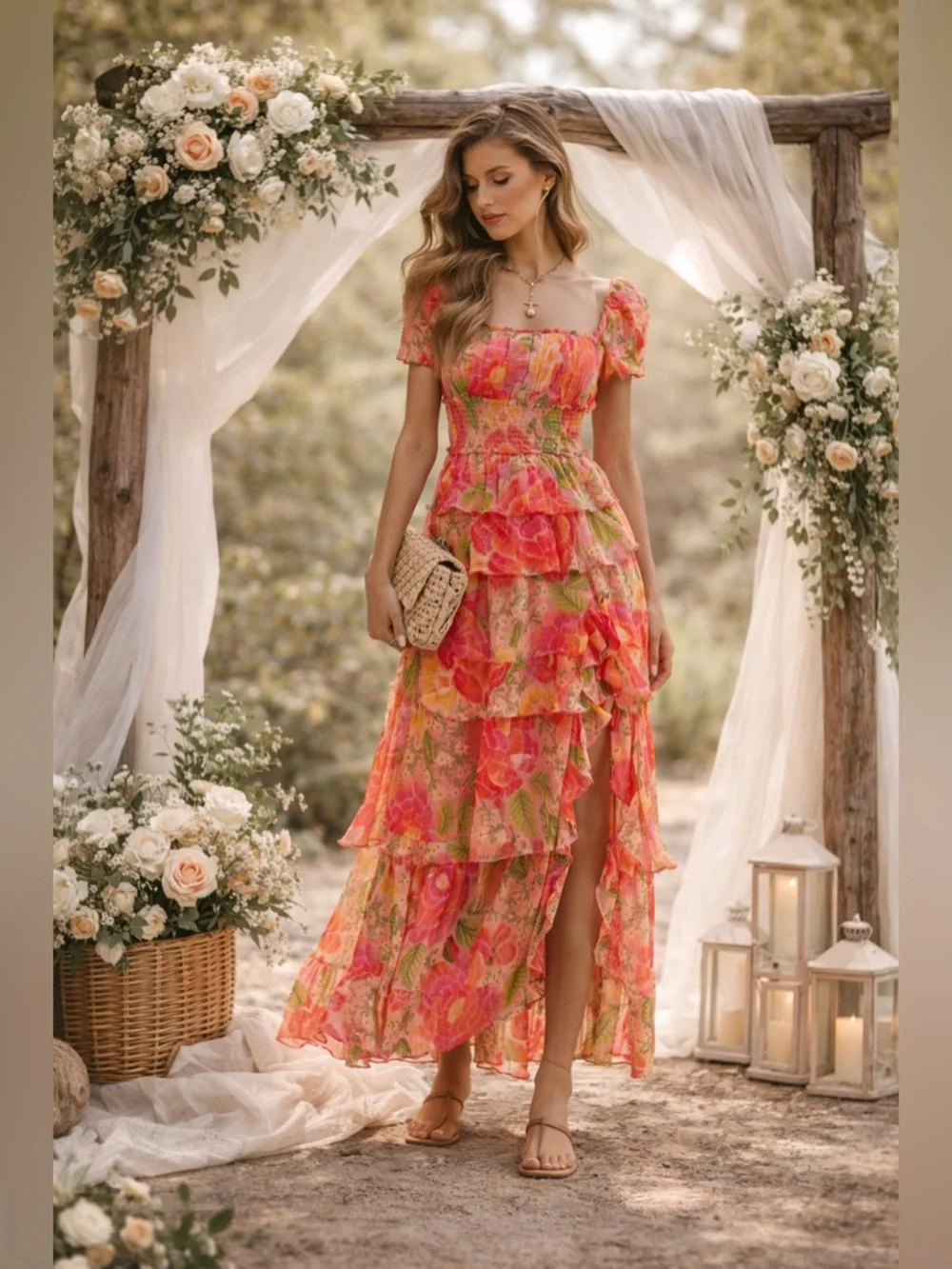 Farm Rio Blooming Floral Maxi Dress XS Smocked Puff Sleeve NWT - Picture 3 of 16